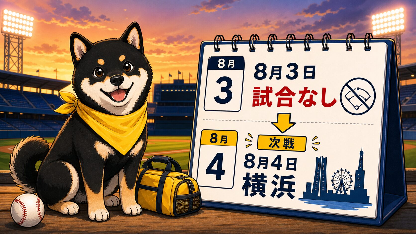 夕暮れの球場で黄色いバンダナの黒柴が、8月3日は試合なし、次戦は8月4日横浜と示すカレンダーの横に座るイラスト